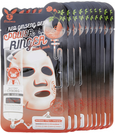 НАБОР Тканевая маска для лица с красным женьшенем, 10 шт | Elizavecca Red Ginseng Deep Power Ringer Mask Pack фото 1