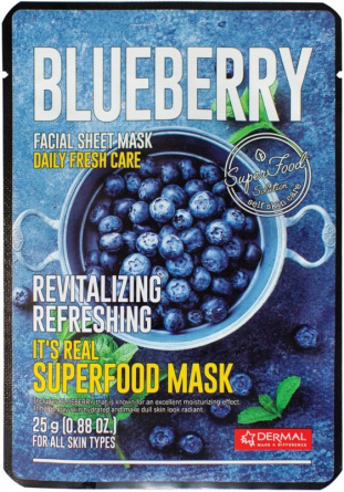 Маска для лица тканевая ГОЛУБИКА, 25 мл | DERMAL It's Real Superfood Mask Blueberry фото 1
