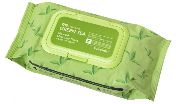 Очищающие салфетки для снятия макияжа, 280 гр (50 шт) | TONY MOLY The Chok Chok Green Tea No-Wash Cleansing Tissue фото 1