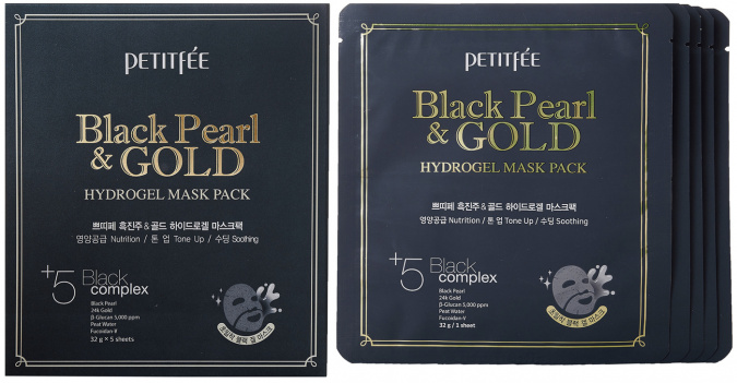 Набор гидрогелевых масок для лица с черным жемчугом и золотом, 5 шт | PETITFEE Black Pearl & Gold Hydrogel Mask Pack фото 1