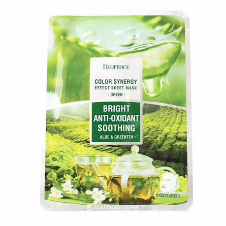 Маска тканевая алое и зеленый чай, 20 гр | DEOPROCE COLOR SYNERGY EFFECT SHEET MASK GREEN фото 1