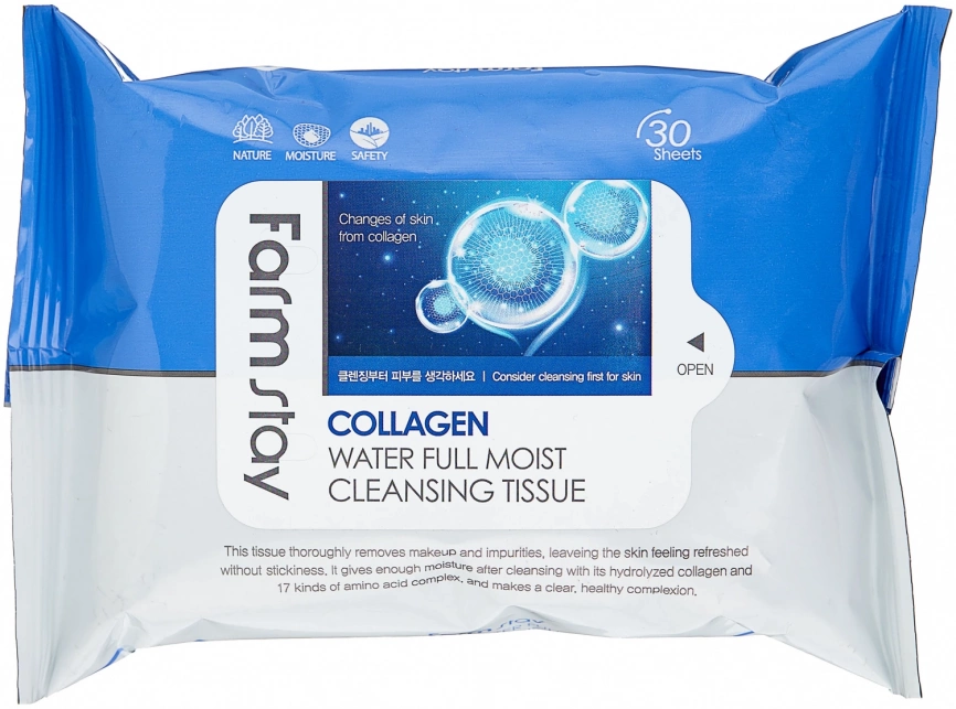 Салфетки для снятия макияжа с коллагеном, 30шт | FarmStay Collagen Water Full Moist Cleansing Tissue фото 1