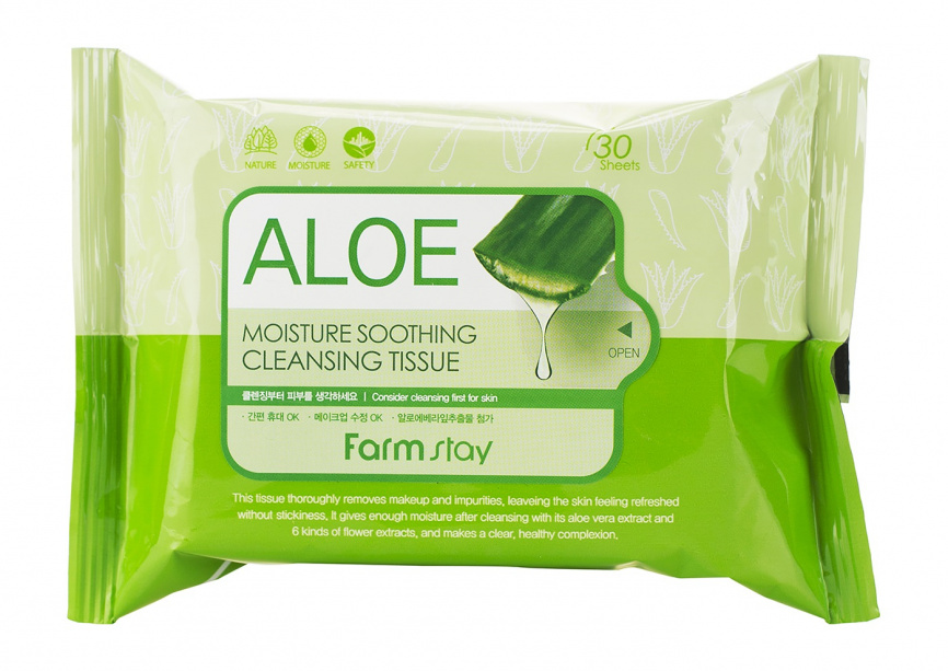Очищающие увлажняющие салфетки с экстрактом алоэ, 30шт | FarmStay Aloe Moisture Soothing Cleansing Tissue фото 1