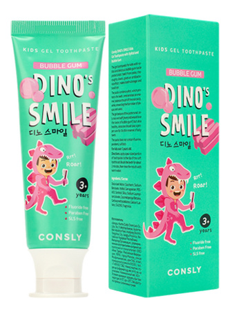 Детская гелевая зубная паста с ксилитом и вкусом жвачки, 60 гр | Consly Dino's Smile Kids Gel Toothpaste Bubble Gum фото 1